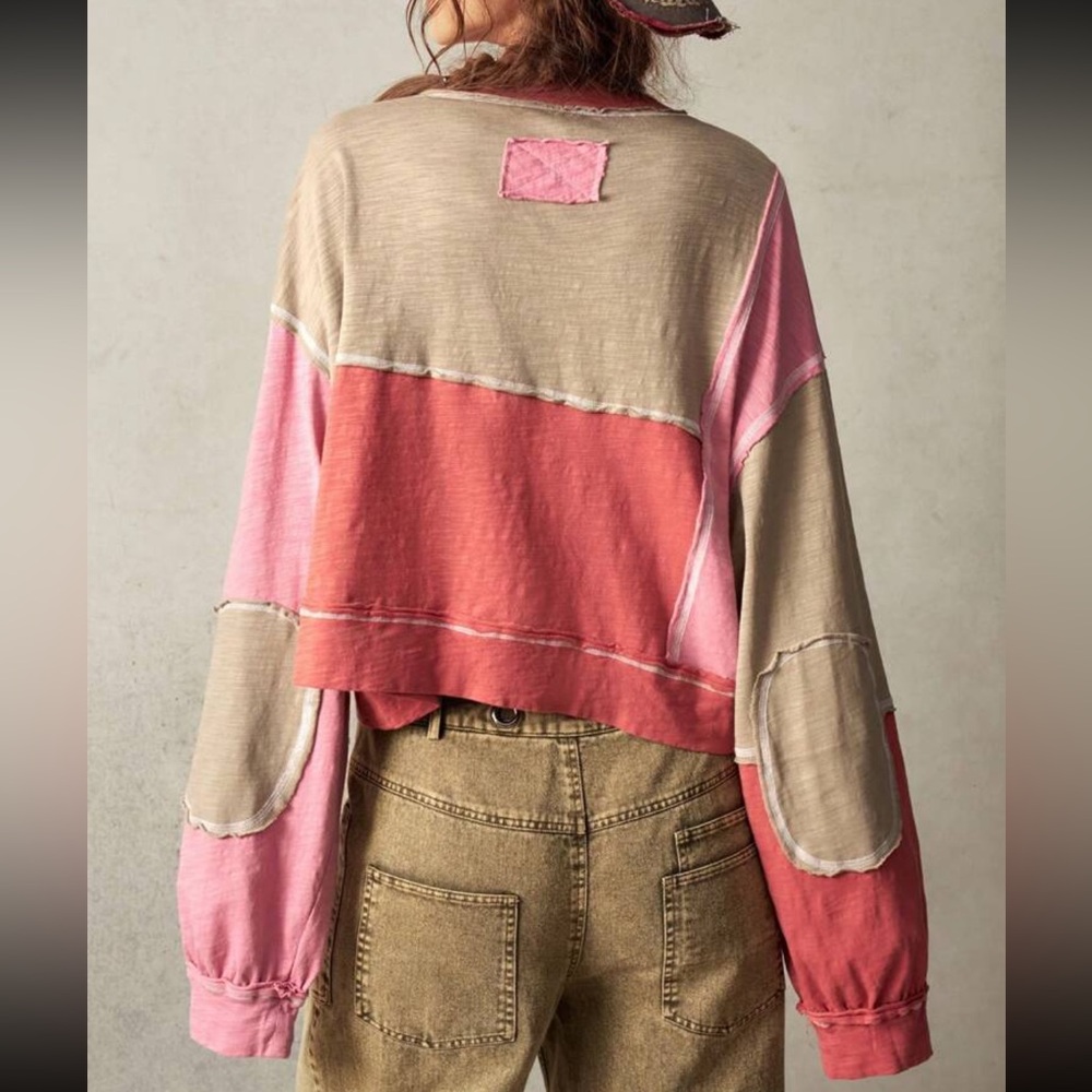 Boho cotton V neck color block blouse - Picture 3 of 8